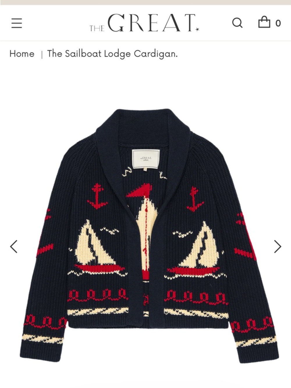 THE GREAT. Sailboat Knit Cardigan - Navy, Cream & Red
